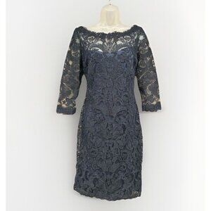TADASHI SHOJI $473 Navy Lace Illusion Lined Evening Dress Size 10 Wedding Guest